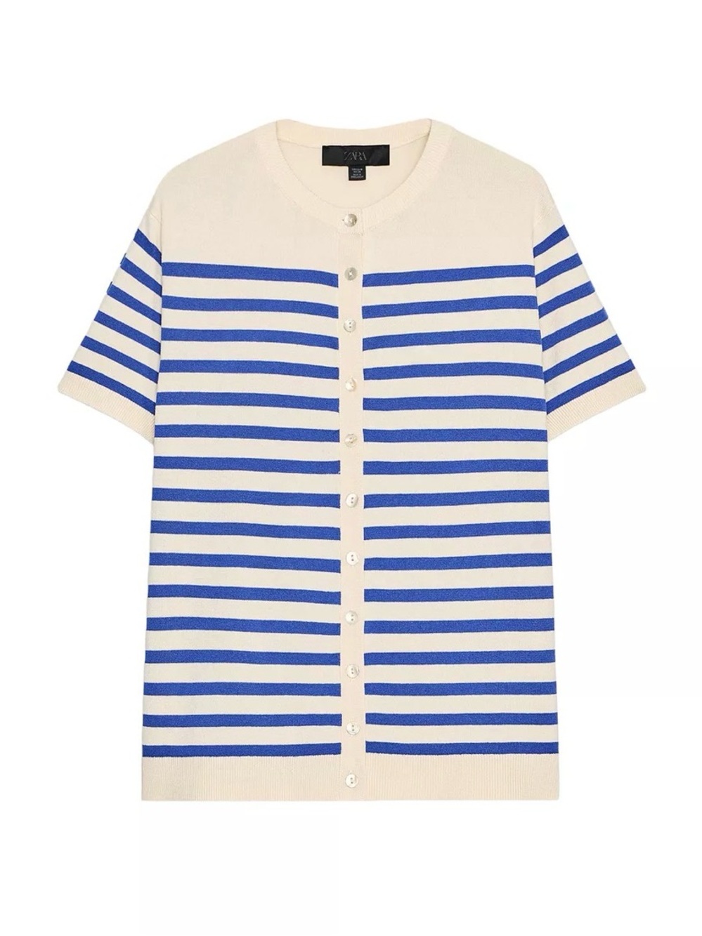 Zara Blue and Cream Striped Button-Up Knit Top
